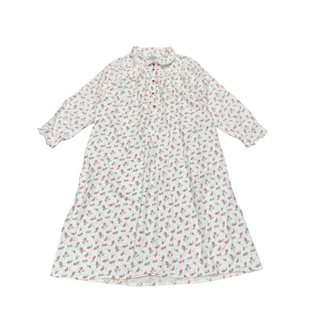 Lanz of Salzburg Pink Rose Floral Flannel Nightgown Heart Buttons White Medium M